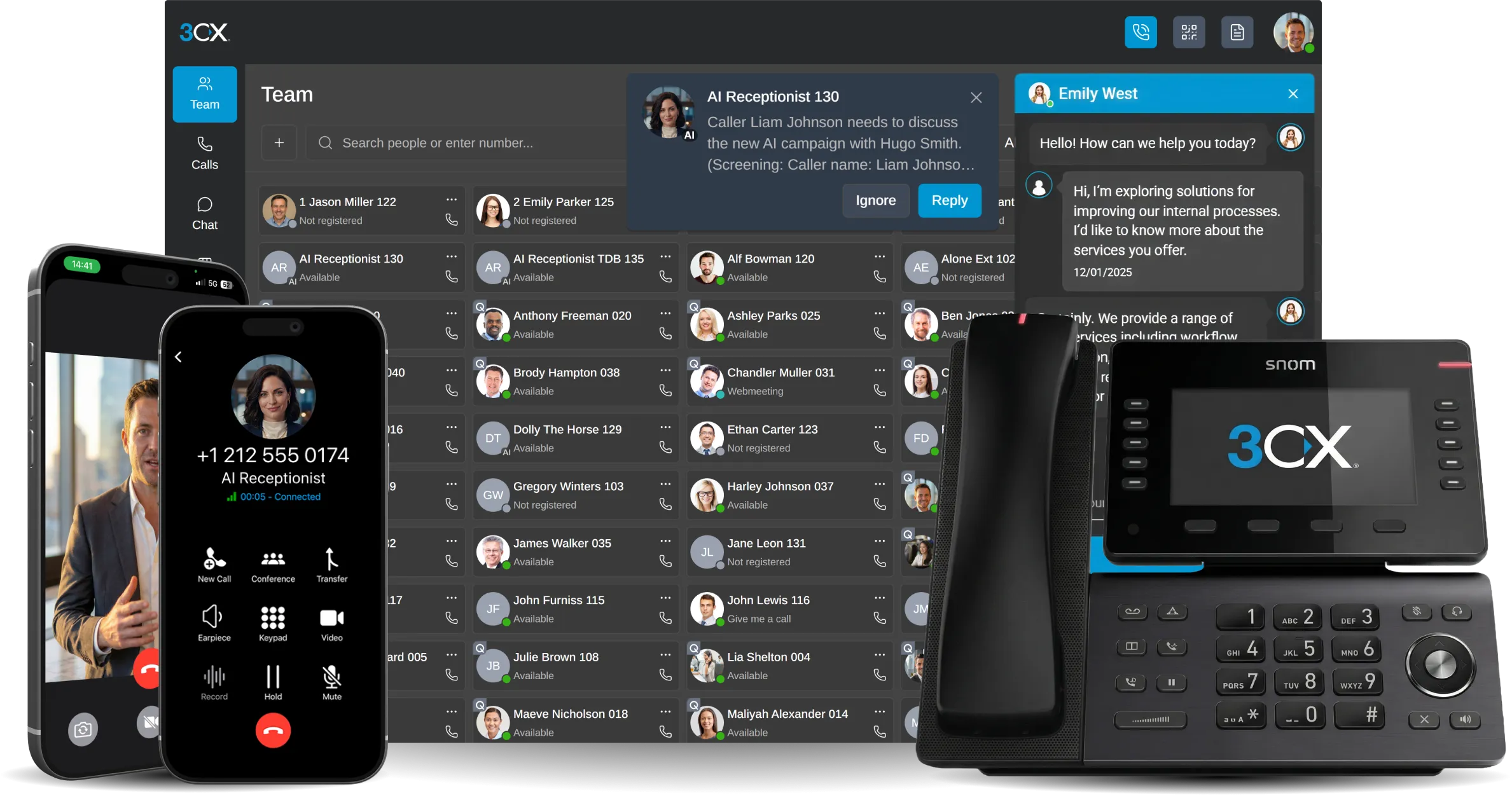 3CX business phone system running across desktop, mobile and desk phone devices