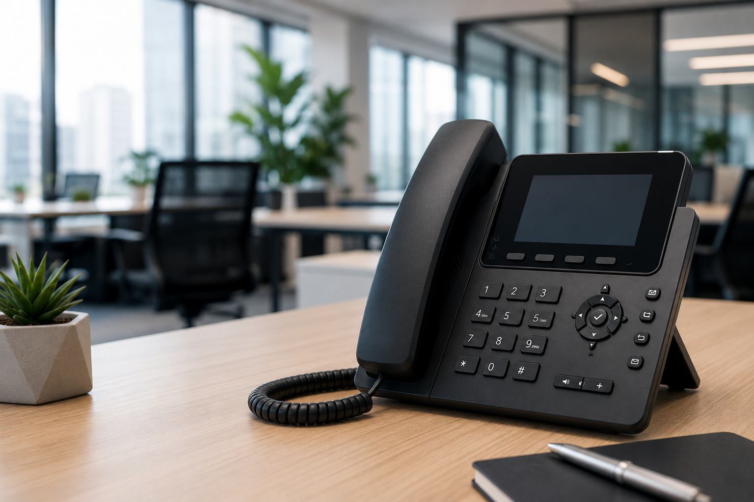 Desk phone on an office desk for 3CX hot desking