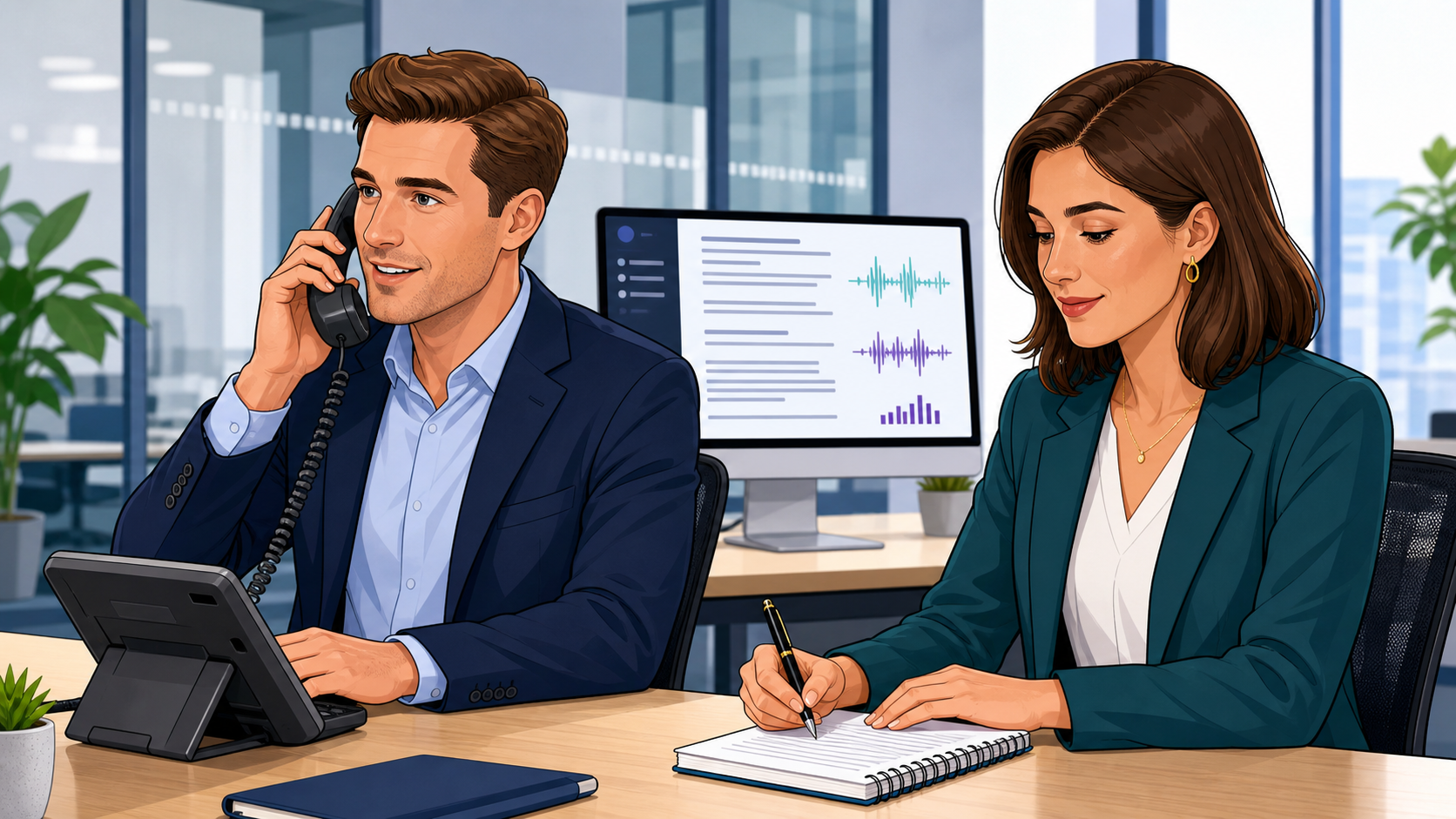 Office professional on a telephone while a colleague takes notes beside an on-screen call transcript
