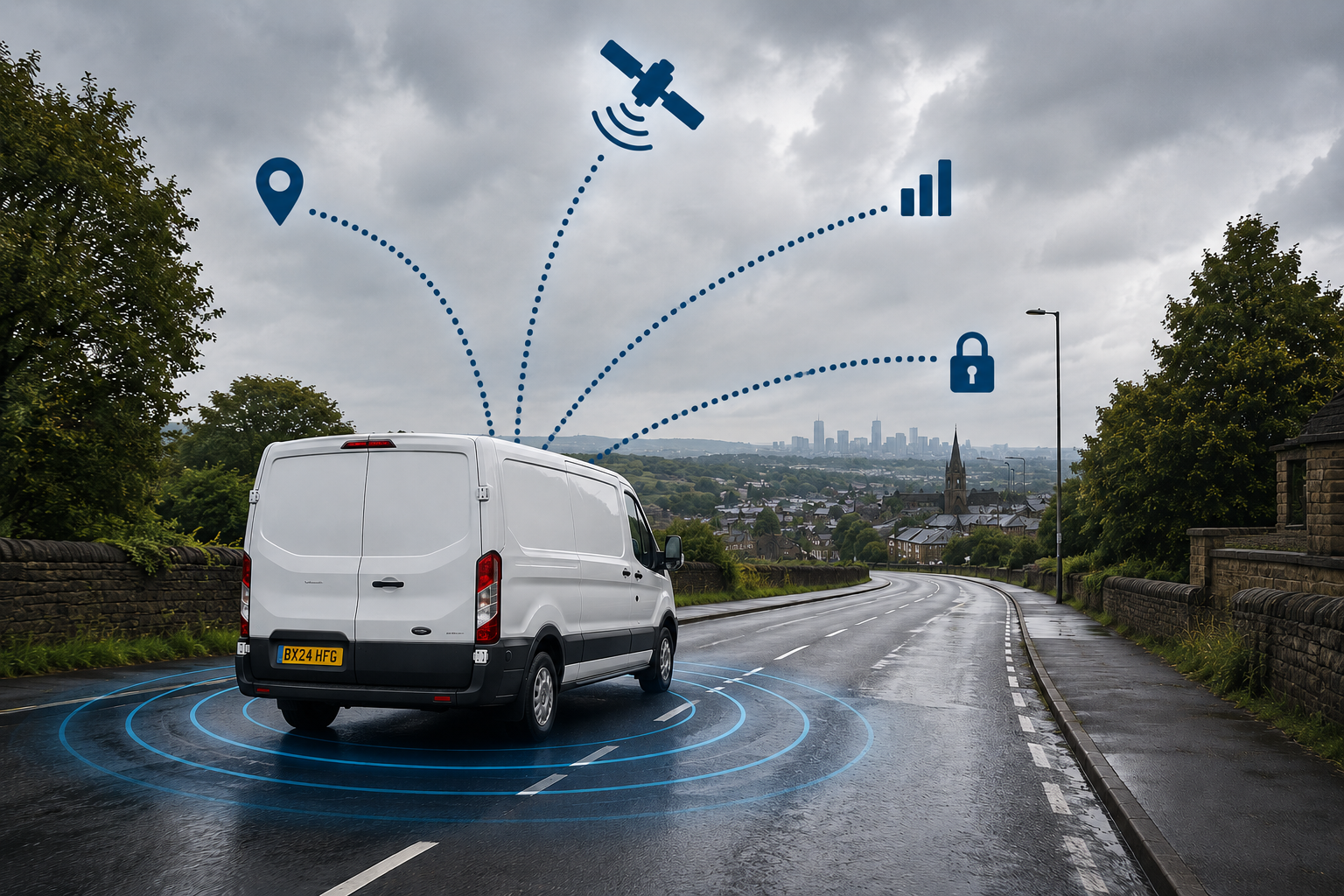 GPS telematics van with tracking icons on a road
