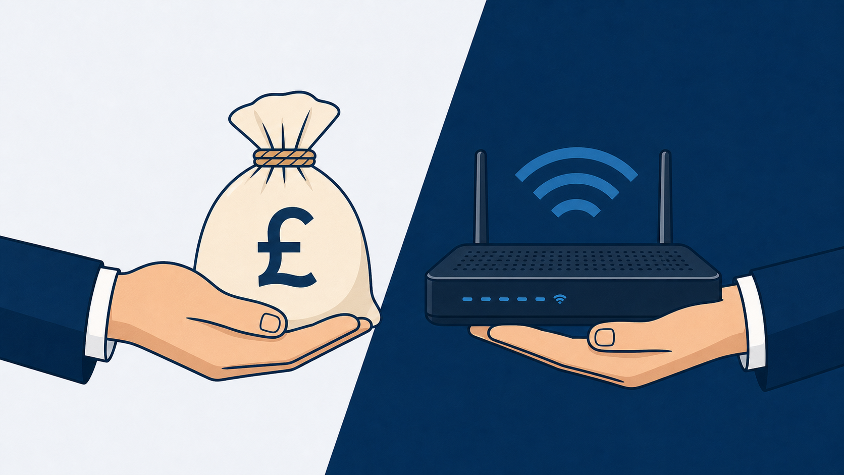 A hand offering a sterling money bag in exchange for a business broadband router