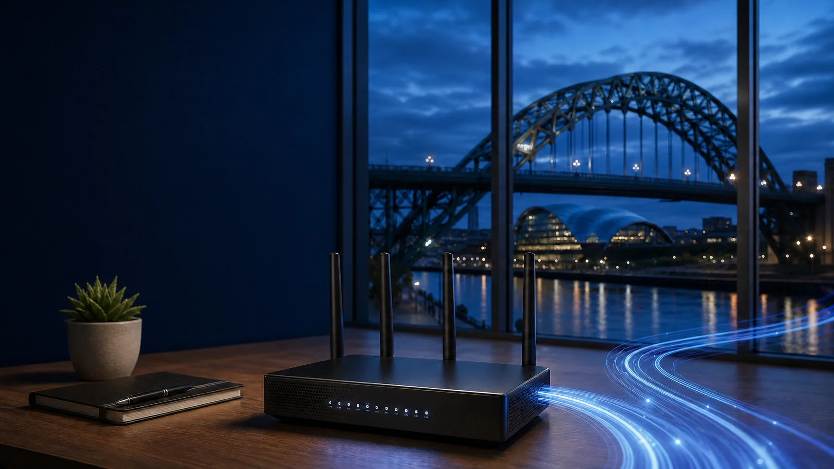 Business broadband router overlooking the Tyne Bridge and Newcastle Quayside at blue hour