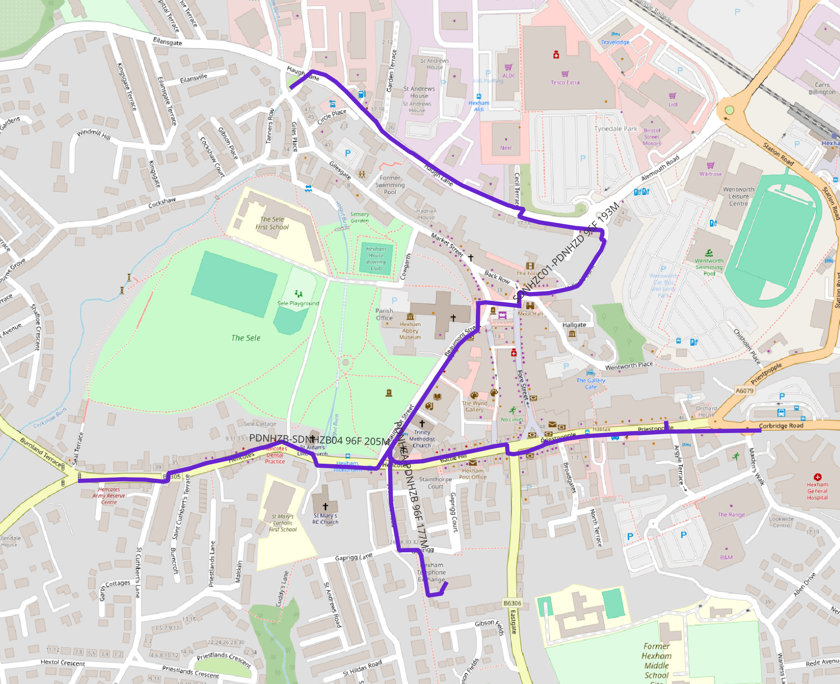 Map of the Bletchley Networks fibre spine route through Hexham town centre