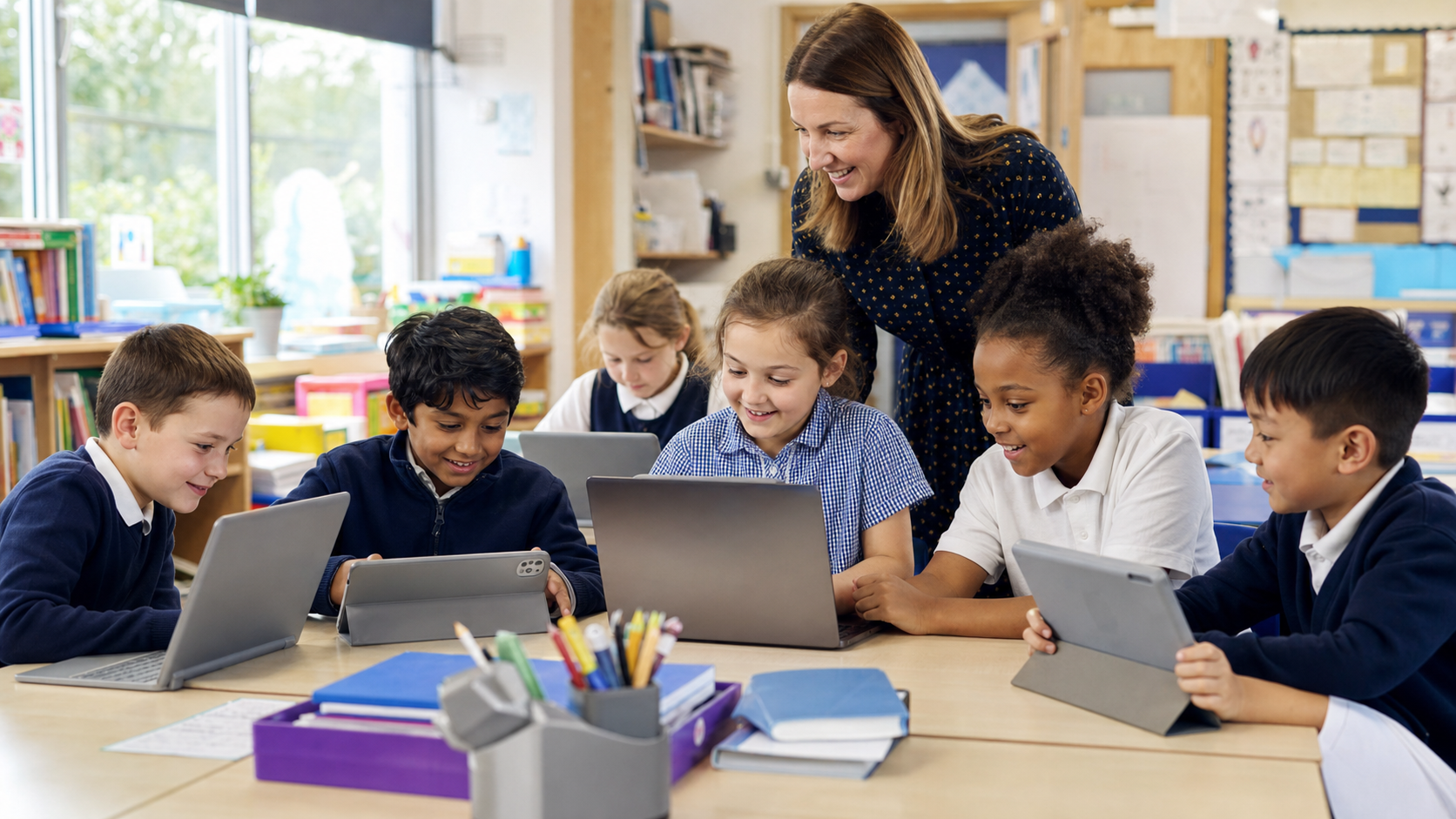Primary school pupils using laptops and tablets together in a classroom with their teacher