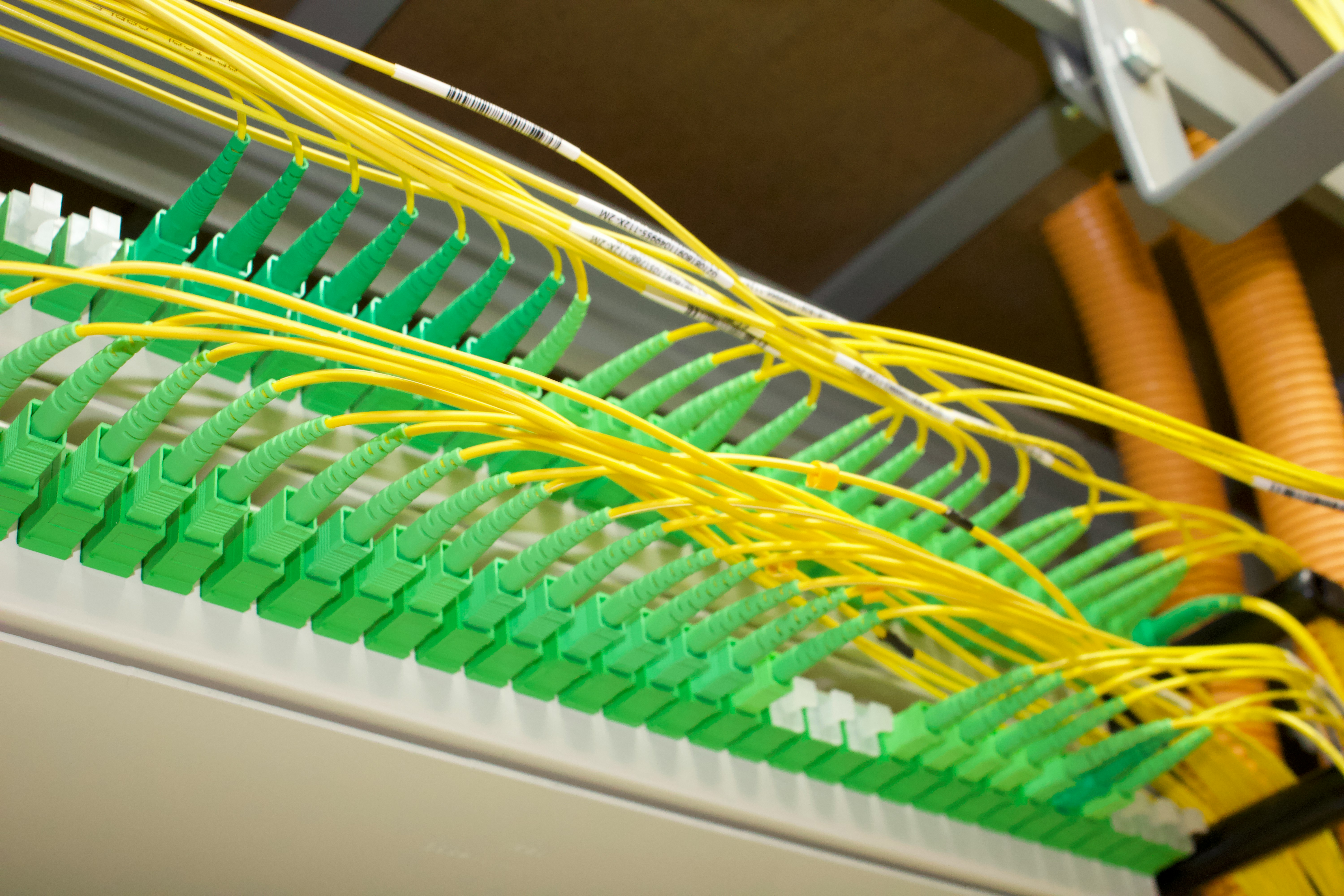 Yellow fibre-optic patch leads connected to a fibre distribution panel