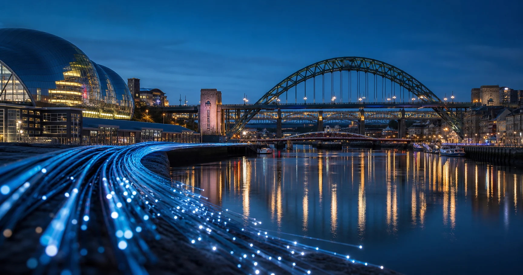 Fibre-optic strands beside the River Tyne with the Tyne Bridge and Newcastle Quayside at blue hour