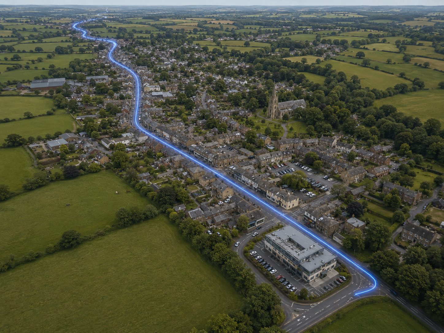 Aerial view of a fibre route through a town