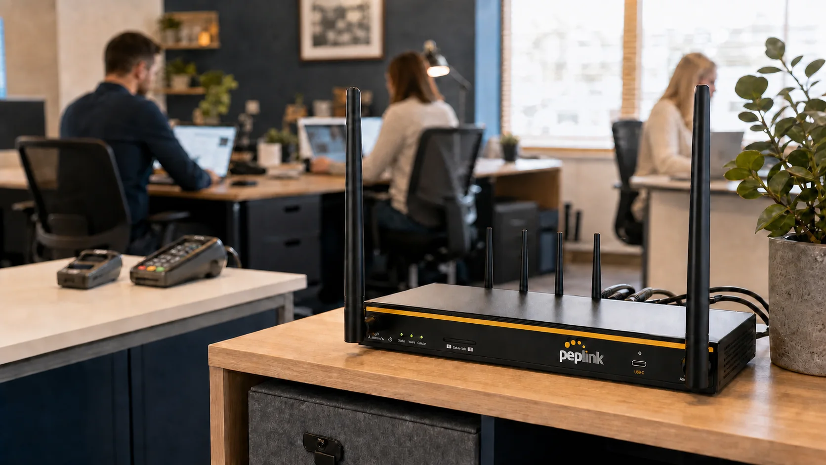 Peplink B One 5G router installed in a small business office