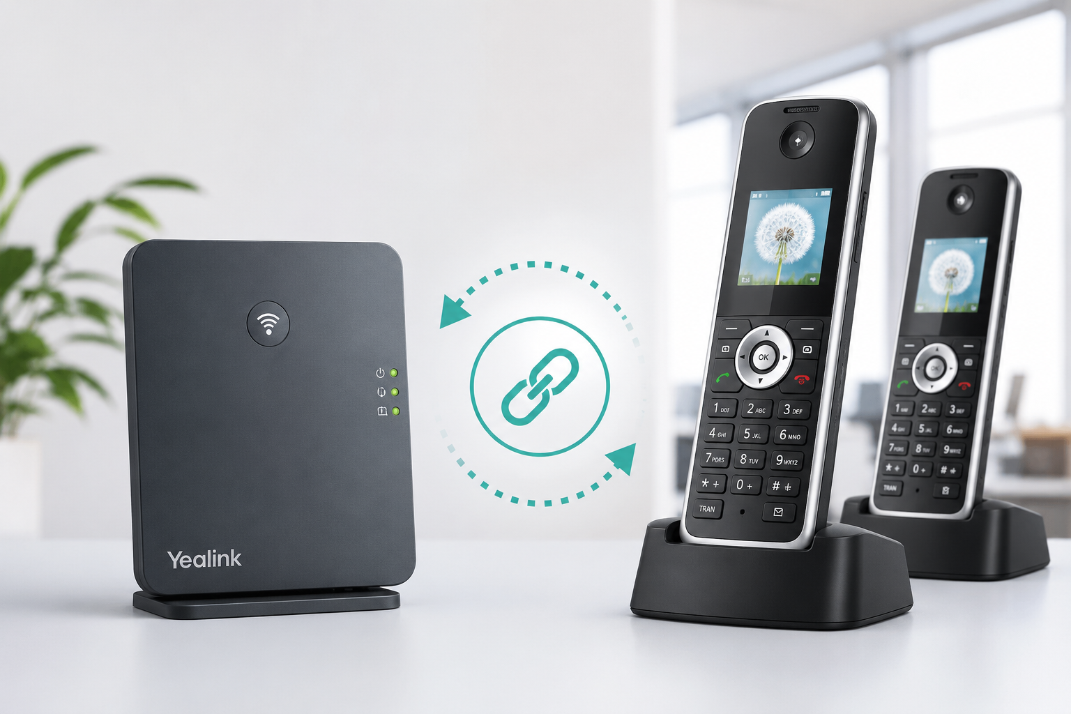 Yealink W70B base station and DECT handsets with a pairing symbol